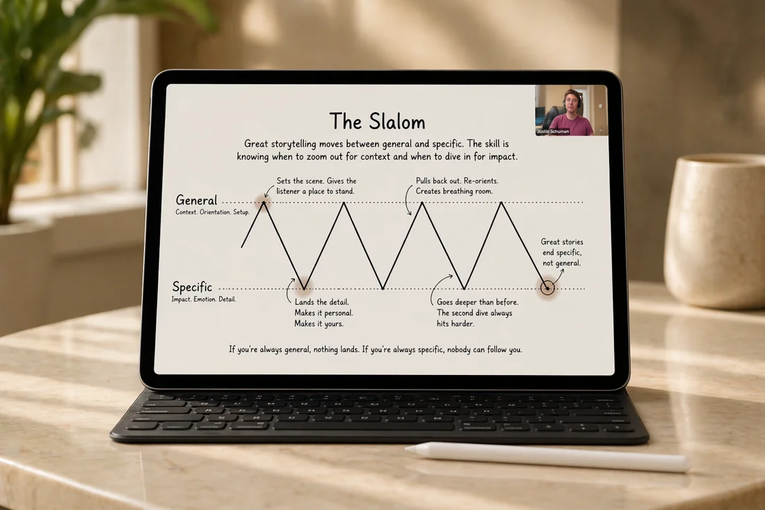 iPad course mockup showing Justin teaching The Slalom: a story moves between general context and specific details.